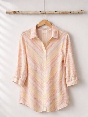 Chico's Pastel Pink and Yellow Striped Button-Down No-Iron Linen Tunic